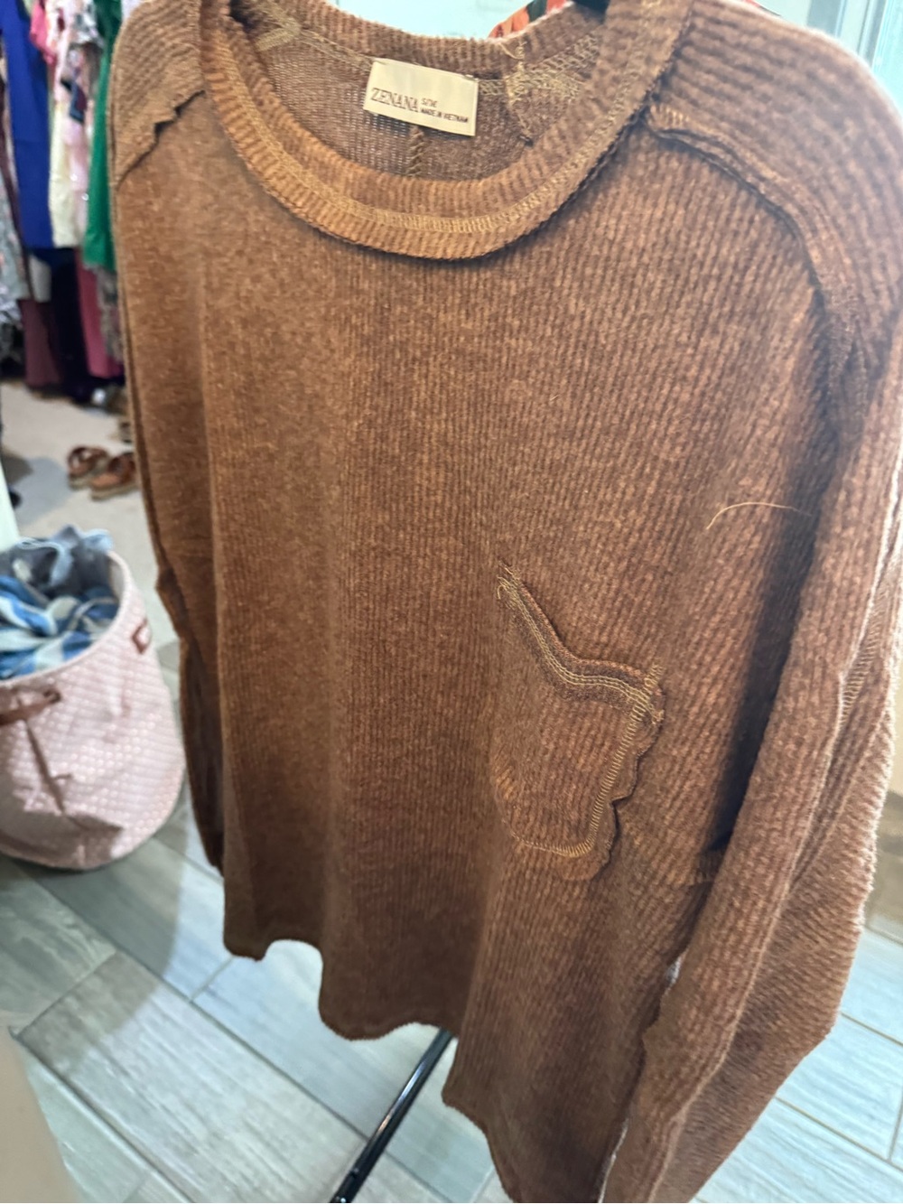 Brown Ribbed Crewneck Sweater Zenana S/M